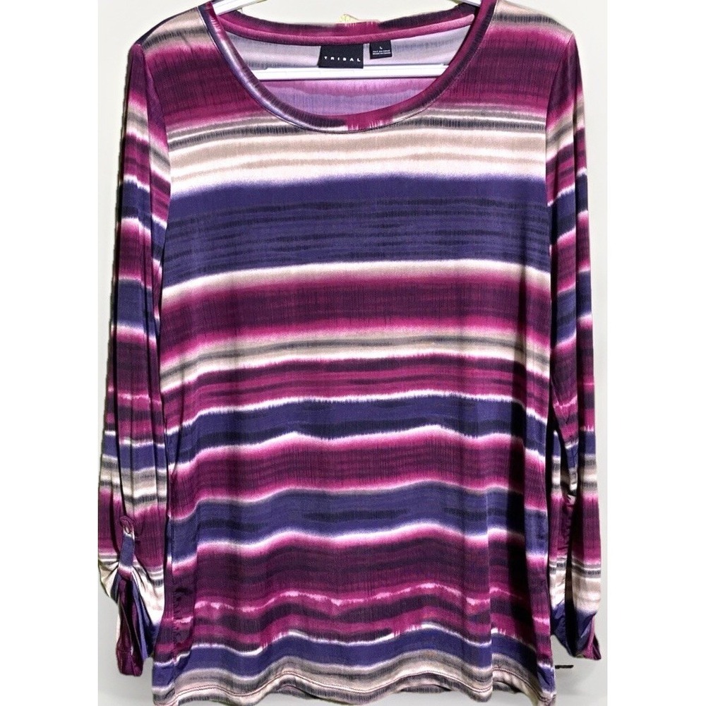 Tribal Womens Purple Striped Roll Tab Sleeve Scoop Neck Top 9107O-5469 Size L